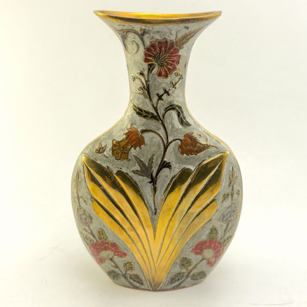 Vintage Enamel Floral Brass Vase Art Nouveau Style Gold 9”